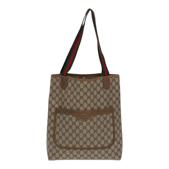 GUCCI GG Canvas Web Sherry Line Tote Bag PVC Leather Beige Green Red Auth - Picture 2 of 16